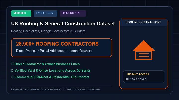 US Roofing & General Construction Contractors (28,900+ Records)